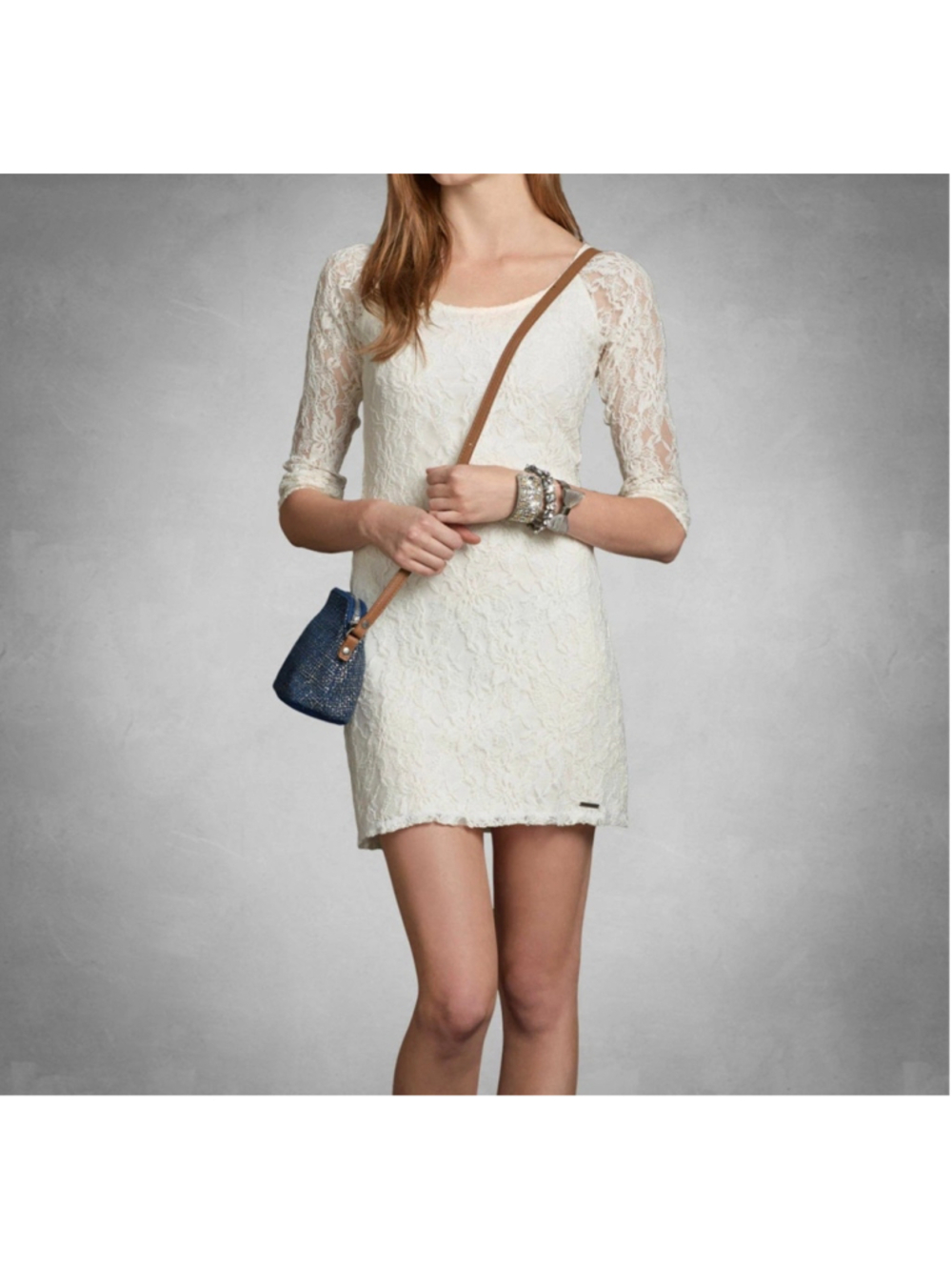 Abercrombie & Fitch Ivory lace dress free people sheer scoop neck 3/4 slv Sz S